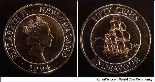 New Zealand 50 cents. 1994, HMS Endeavour. Bimetal. Mintage: 52.500 pcs.