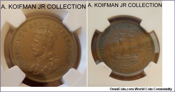 KM-1.1, 1925 South Africa (Dominion) half penny; bronze, plain edge; George V, small mintage of 69,000, NGC graded MS 62 BN.