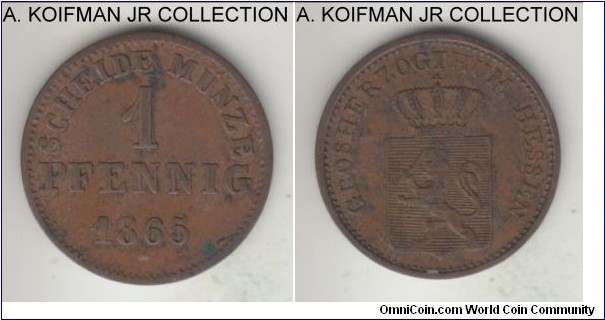 KM-337, 1865 German State Hesse-Darmstadt pfennig; copper, plain edge; Duke Ludwig III, light brown good very fine to extra fine.