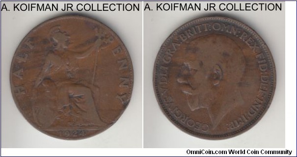 KM-809, 1924 Great Britain half penny; bronze, plain edge; George V, brown fine or about.