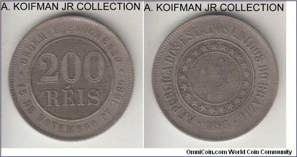 KM-493, 1893 Brazil (Republic) 200 reis; copper nickel, plain edge; first Republican type, decent very fine for the type.