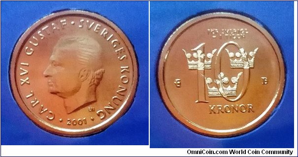 Sweden 10 kronor  from 2001 Eskilstuna mint set. Mintage: 31.124 pcs.