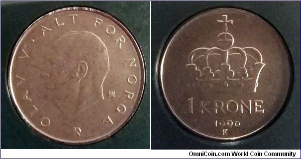 Norway 1 krone from 1990 Kongsberg mint set.