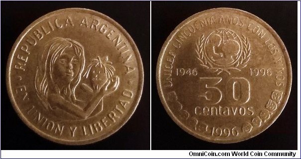 Argentina 50 centavos. 1995, 50th Anniversary of UNICEF.