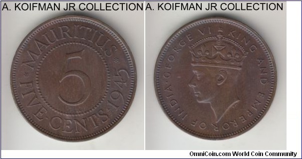 KM-20, 1945 Mauritius 5 cents; bronze, plain edge; George VI, 3-year scarcer type, interestingly toned uncirculated or almost, possibly altered color.