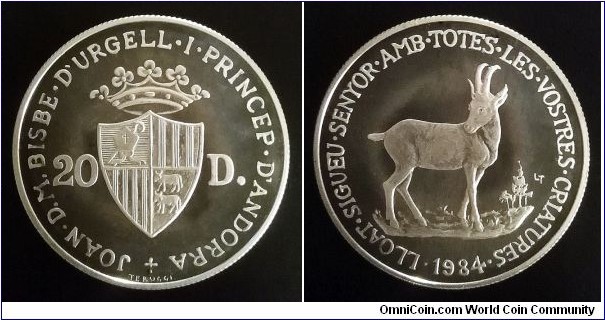 Andorra 20 diners. 1984, Wildlife of Andorra - Pyrenean Chamois. Ag 835. Weight; 16g. Diameter; 35mm. Minted in Rome, Italy. Proof. Mintage: 5.000 pcs.
