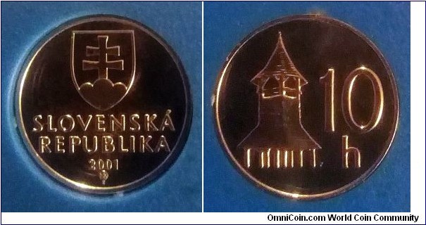 Slovakia 10 halierov from 2001 mint set. Mintage: 12.500 pcs.