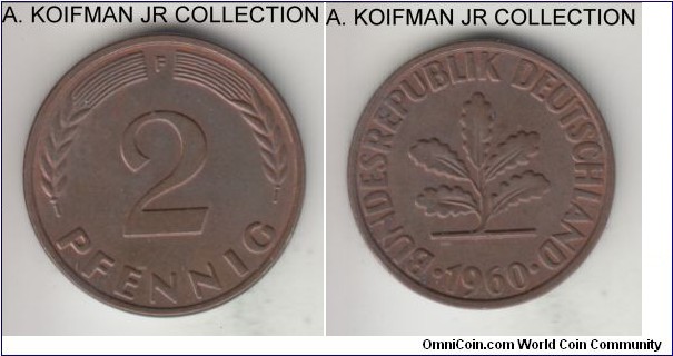 KM-106, 1960 Germany (Federal Republic) 2 pfennig, Stuttgart mint (F mint mark); bronze, plain edge; light brown uncirculated or almost.
