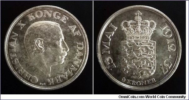 Denmark 2 kroner. 1937, 25th Anniversary - Reign of Christian X. Ag 800. Weight; 15g. Diameter; 31mm. Mintage: 208.699 pcs.