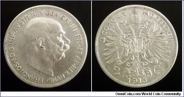 Austro-Hungarian Monarchy 2 corona. 1913, Austria. Ag 835. Weight; 10g.