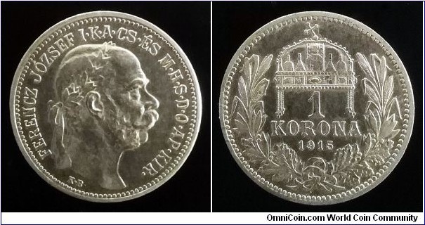 Austro-Hungarian Monarchy 1 korona. 1915, Franz Joseph I. Hungary. Ag 835. Weight; 5g. Diameter; 23mm. Excellent condition.