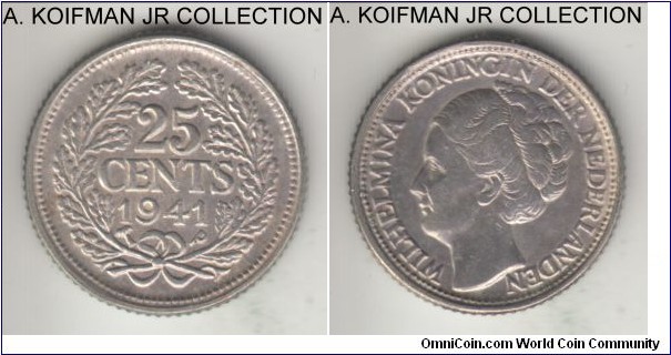 KM-38, 1941 Curacao 25 cents, Philadelphia mint (P mint mark); silver, reeded edge; Wilhelmina I, war time issue for Curacao and Suriname, good extra fine or better.