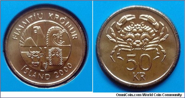 Iceland 50 krónur from 2000 mint set. Mintage: 10.000 pcs.