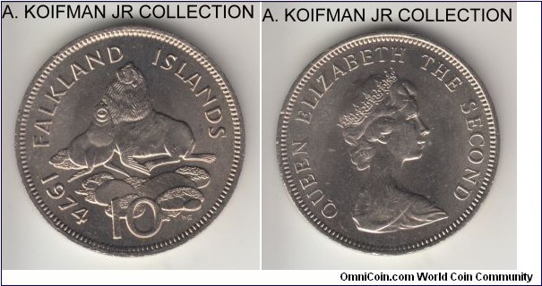 KM-5.1, 1974 Falkland Islands 10 pence; copper-nickel, reeded edge; Elizabeth II, first year of the issue for possession and the type, smaller mintage of 87,000.