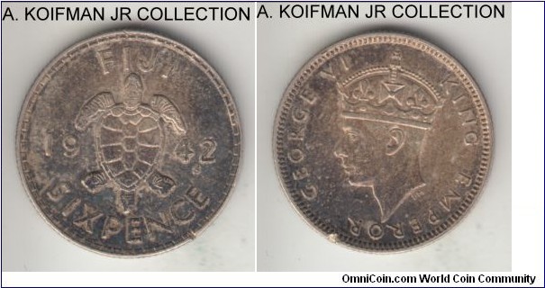 KM-12a, 1942 Fiji 6 pence, San Francisco mint (S mint mark); silver, reeded edge; George VI, dark toned, edge cut otherwise extra fine or so.