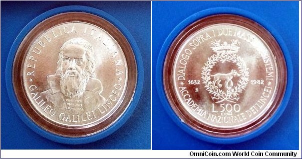 Italy 500 lire. 1982, Galileo Galilei. Ag 835. Weight; 11g. Diameter; 29,3mm. Mintage: 198.057 pcs. Coin in plastic extendable box.