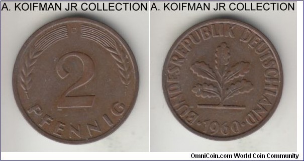 KM-106, 1960 Germany (Federal Republic) 2 pfennig, Munich mint (D mint mark); bronze, plain edge; brown uncirculated or almost.