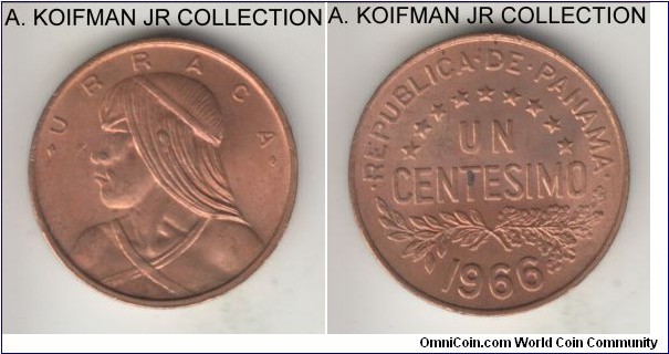 KM-22, 1966 Panama centesimo, Royal Mint (London); bronze, plain edge; circulation issue, red uncirculated, tiny obverse spot.
