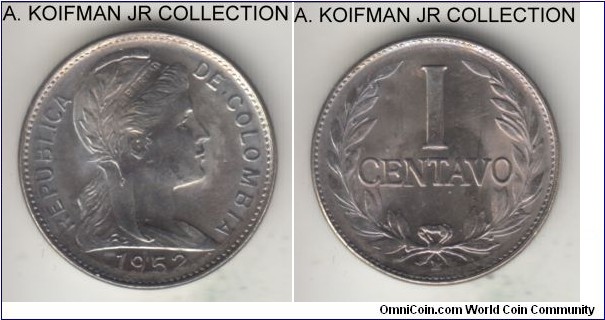 KM-275a, 1952 Colombia centavo, Bogota mint (B mint mark); nickel clad steel, plain edge; Liberty type, bright uncirculated.