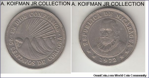 KM-18.3, 1972 Nicaragua 25 centavos; copper-nickel, reeded edge; almost uncirculated.