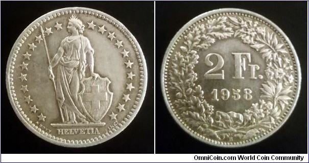 Switzerland 2 francs. 1958 (B) Ag 835. Weight; 10g.