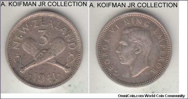 KM-7, 1941 New Zealand 3 pence; silver, plain edge; George VI, war time, extra fine.