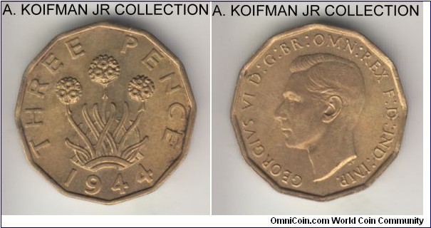 KM-849, 1944 Great Britain 3 pence; nickel-brass, 12-sided flan, George VI, mostly bright uncirculated.