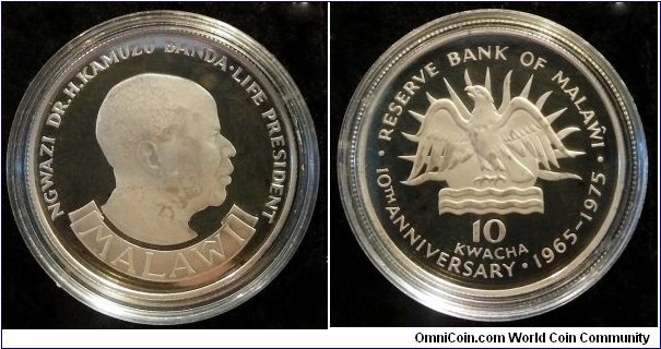 Malawi 10 kwacha. 1975, 10th Anniversary of the Reserve Bank of Malawi. Ag 925. Weight; 28,28g. Diameter; 38,5mm. Proof. Struck at Royal Mint, Llantrisant (United Kingdom)