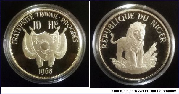 Niger 10 francs. 1968, Ag 900. Small type. Weight; 20g. Diameter; 36mm. Proof. Mintage: 1.000 pcs.