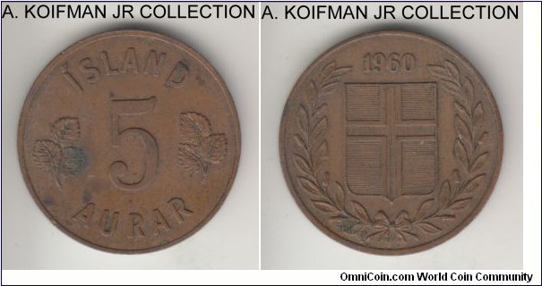 KM-9, 1960 Iceland 5 aurar, Royal Mint (London); bronze, plain edge; circulation issue, brown good extra fine.