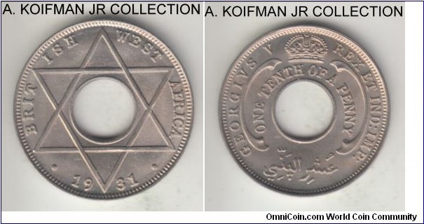 KM-7, 1931 British West Africa 1/10 penny, Royal Mint (no mint mark); copper-nickel, plain edge, holed flan; George V, bright uncirculated.