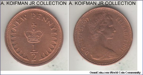 KM-914, 1977 Great Britain half pence; bronze, plain edge; Elizabeth II, business strike, red brown uncirculated.