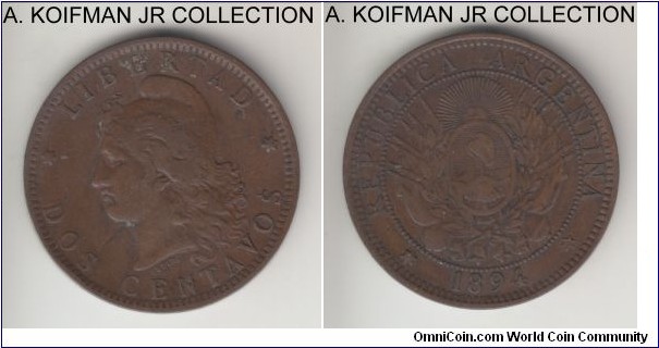 KM-33, 1894 Argentina 2 centavos; bronze, plain edge; decent circulated grade.