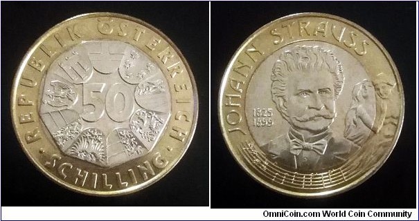 Austria 50 schilling. 1999, 100th Anniversary of the Death of Johann Strauss.