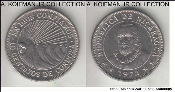KM-17.2a, 1972 Nicaragua 10 centavos; nickel-clad steel, reeded edge; 1-year variety of classical design, bright uncirculated.