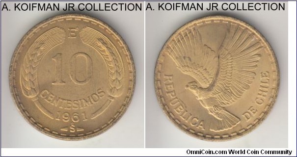 KM-191, 1961 Chile 10 centesimos; aluminum-bronze, plain edge; early smaller mintage year, lightly toned uncirculated.
