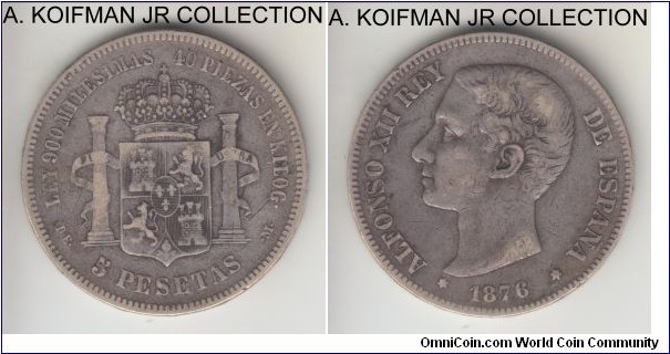 KM-671, 1876 (??) DEM Spain 5 pesetas, Madrid mint (6-star mint mark); silver, raised lettered edge; Alphonso XII, almost very fine, naturally toned.