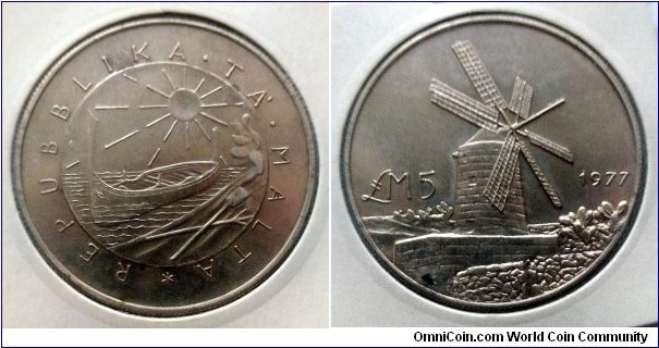 Malta 5 liri. 1977, Xarolla Windmill. Ag 925. Weight; 28,28g. Diameter; 38mm. Mintage: 15.000 pcs.