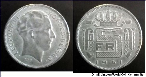 Belgium 5 francs. 1941, Leopold III. French text. Zinc.