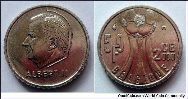 Belgium 50 francs. 2000, European Football Championship. French text.
