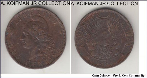 KM-33, 1888 Argentina 2 centavos; bronze, plain edge; smaller mintage year, extra fine or almost, some very minor discoloration