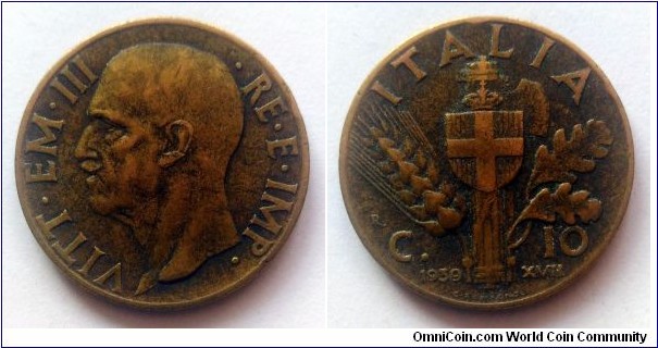 Italy 10 centesimi. 1939, Bronzital (II)