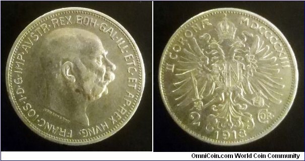 Austro-Hungarian Monarchy 2 corona. 1913, Austria. Ag 835 (II)