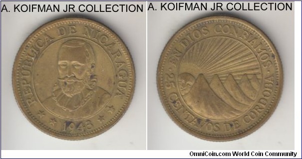 KM-23, 1943 Nicaragua 25 centavos, Philadelphia mint (US); brass, reeded edge; 1-year war time coinage, good very fine or so.
