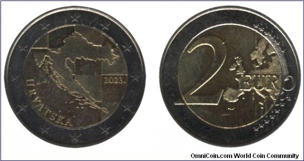 Croatia, 2 euros, 2023, Cu-Ni-Ni-Brass, bi-metallic, 8.5g, 25.75mm, Map of Croatia.