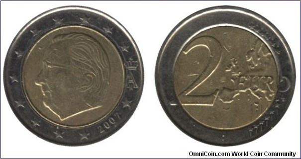 Belgium, 2 euros, 2007, Cu-Ni-Ni-Brass, 8.5g, bi-metallic, 25.75mm,complete map of Europe, King Albert II.