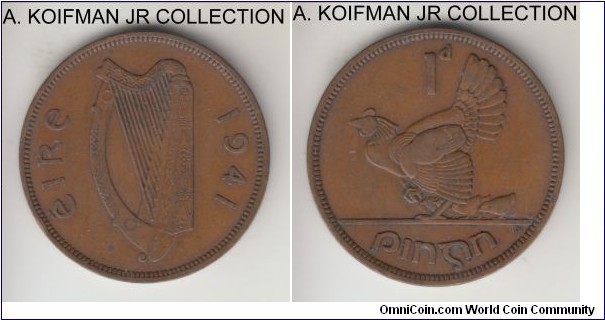 KM-11, 1941 Ireland penny; bronze, plain edge; common, very fine or about.