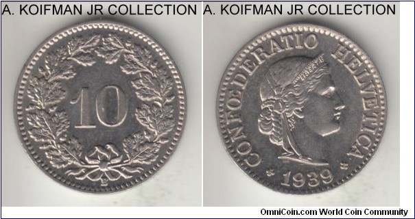KM-27b, 1939 Switzerland 10 rappen, Bern mint (B mint mark); nickel, plain edge; magnetic, last and more common date, uncirculated or very close.
