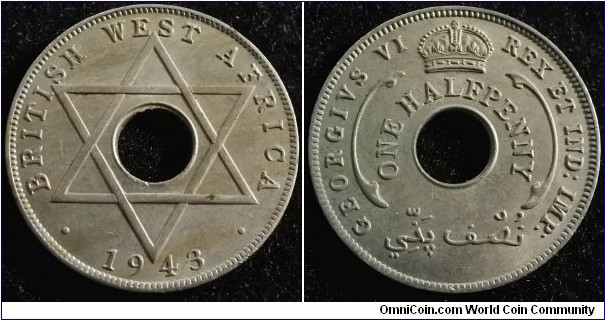British West Africa 1943 1/2 penny. Nice condition. Weight: 5.62g
