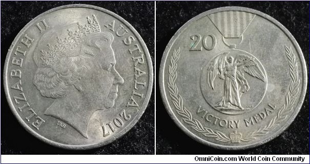 Australia 2017 20 cents. NCLT. Victory medal. Found in circulation. 